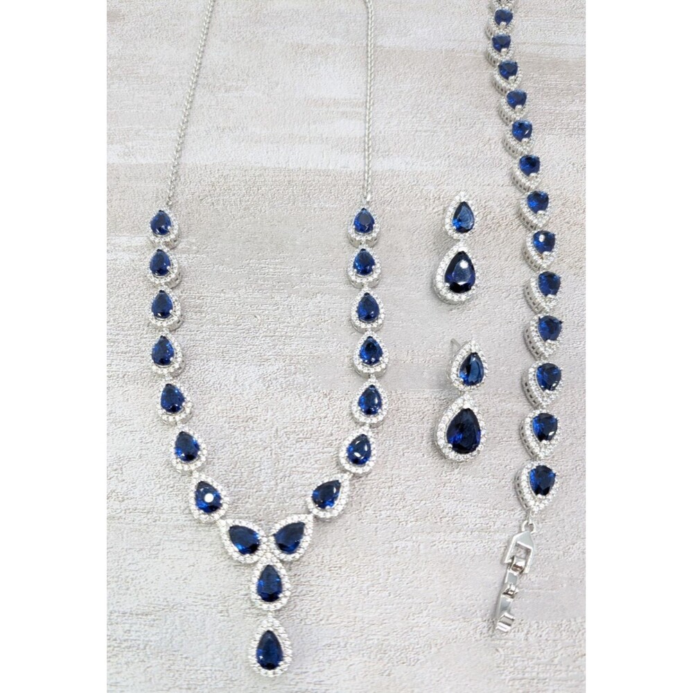 Sapphire Blue Glass Teardrop Bridal Wedding Set Necklace Bracelet Earrings 3pc